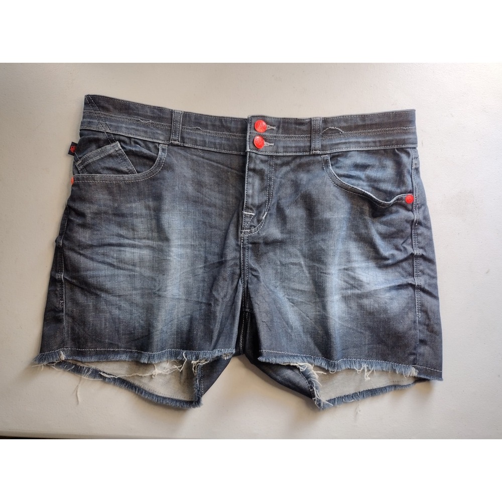 Rock & Republic Bonnaroo Dark Wash Raw‎ Hem Denim Shorts Red Buttons Size 16